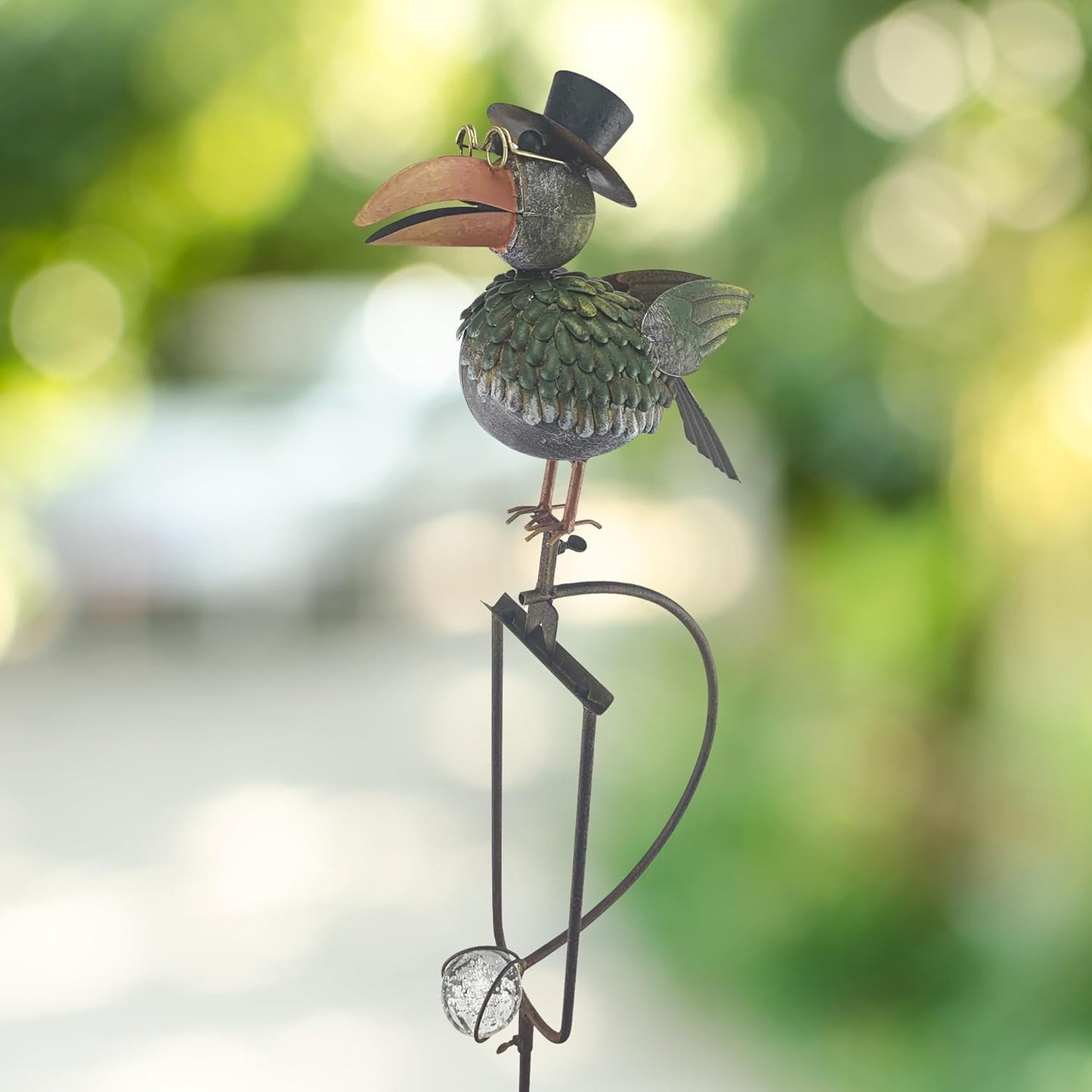Red Carpet Studios Garden Stake Yard Art Metal and Glass Balance Rocker with 4-Prong Stake, 51" Tall, Wise Old Crow