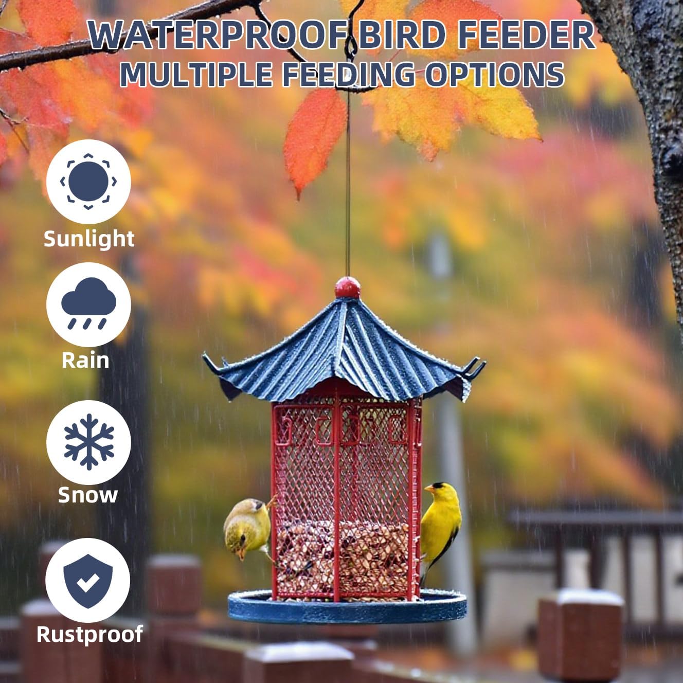 Chinese Style Metal Bird Feeder, Vintage Hanging Caged Bird Feeders for Outdoors, Garden Décor, for Patio, Balcony, and Yard, Large Capacity for Wild Birds, Hummingbird Feeder with Roof&Tray