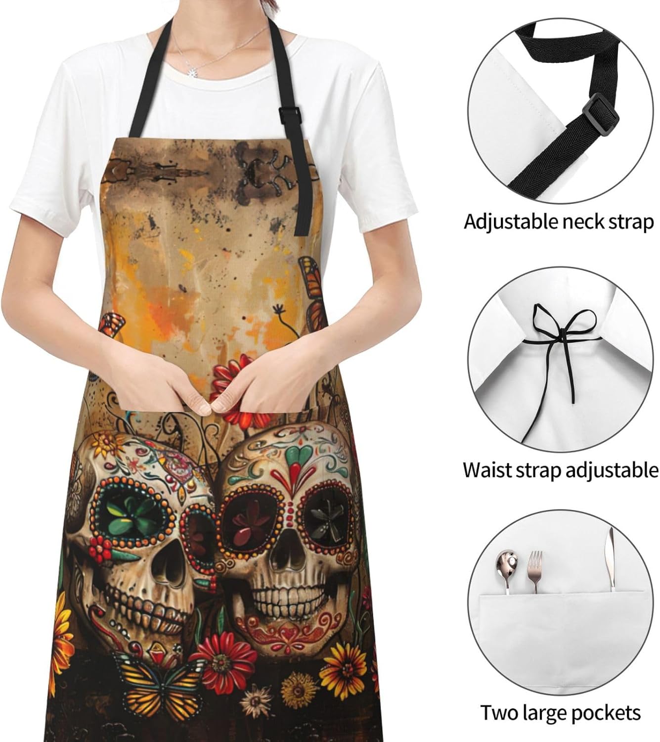 sugar skulls butterfly print Waterproof chef's apron with pocket apron for kitchen cooking baking barbecue and gardening