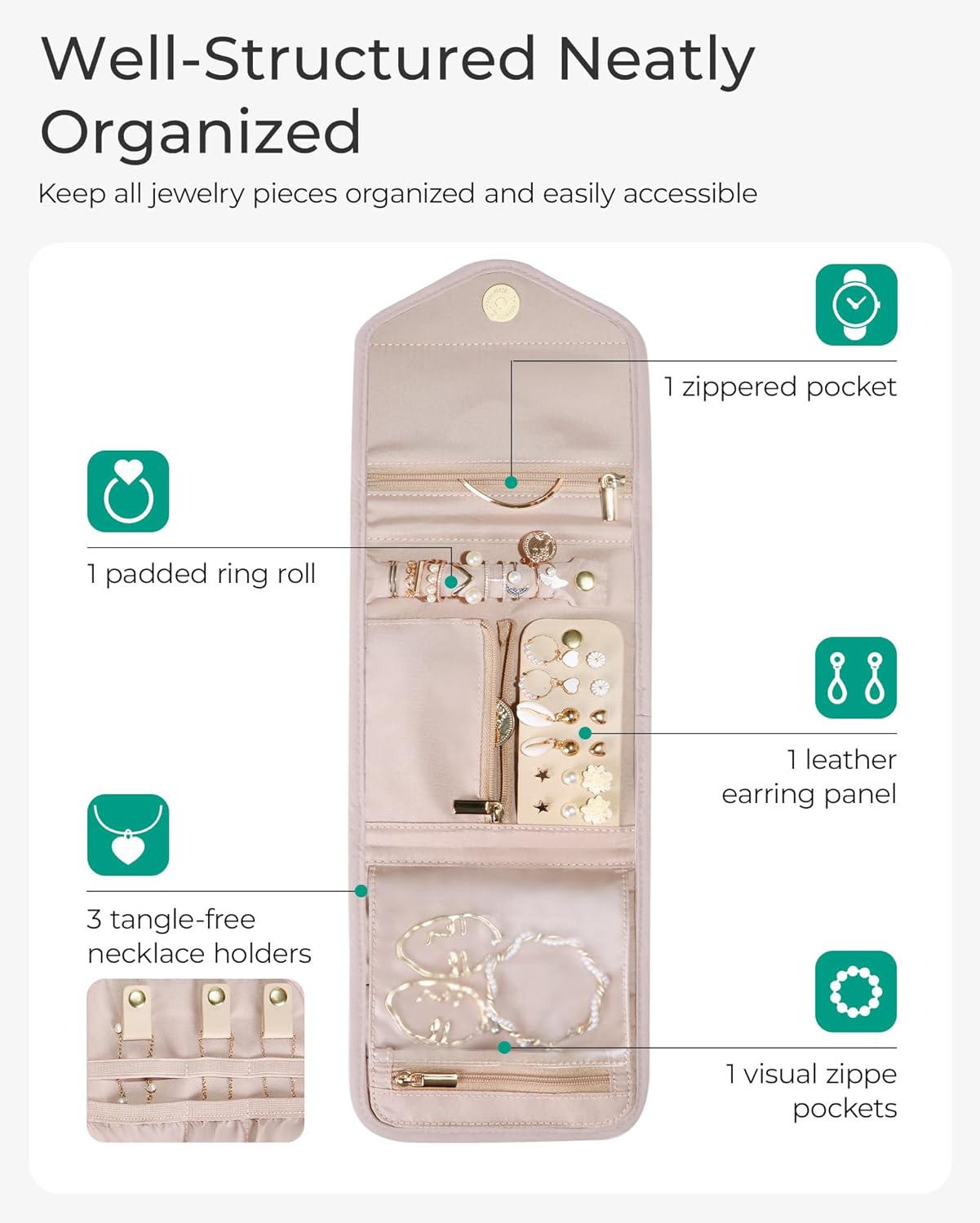 BAGSMART Travel Jewelry Organizer Case Foldable Small Jewelry Roll for
