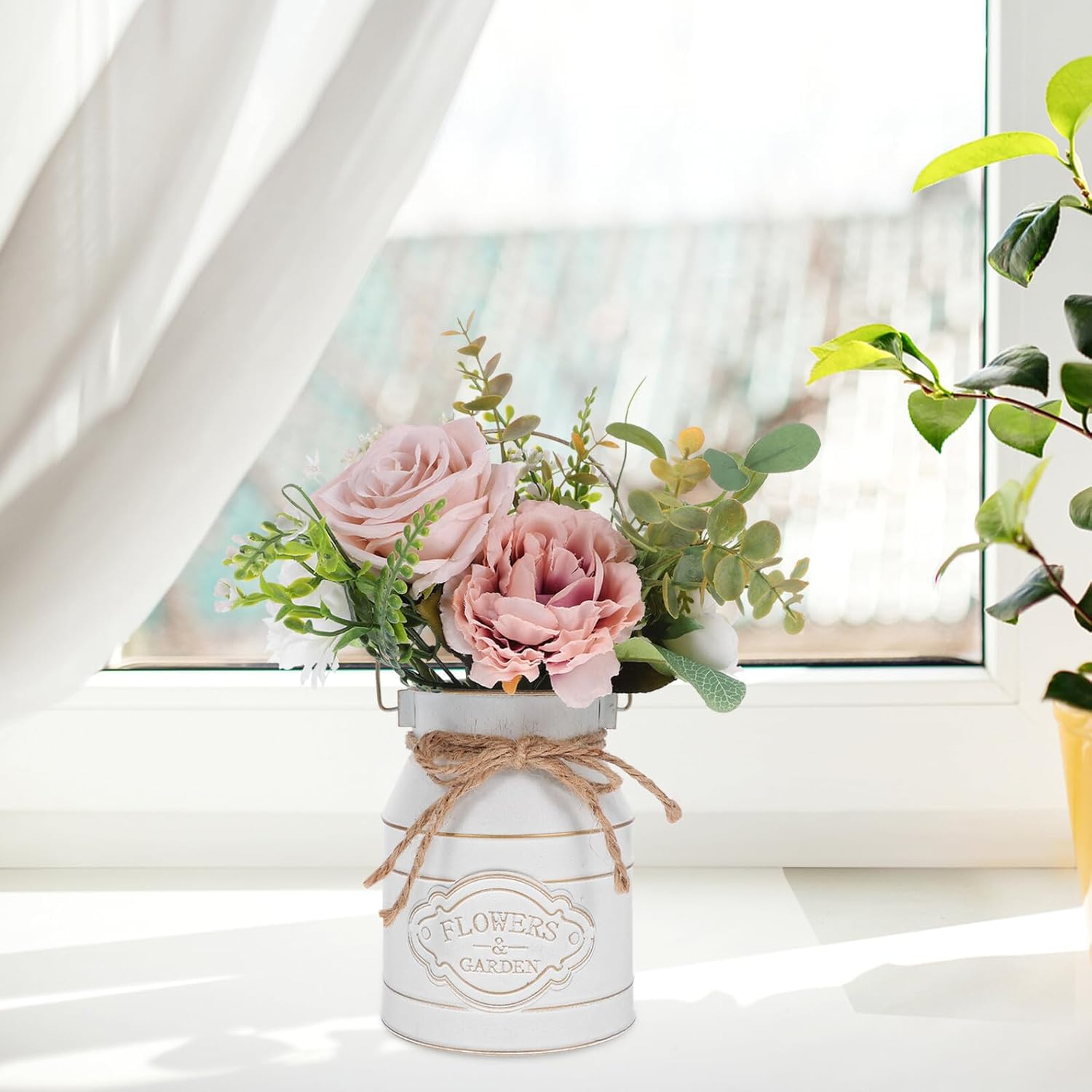 PRETYZOOM Vintage Iron Plant Bucket Flower Vase with Handle White Meta