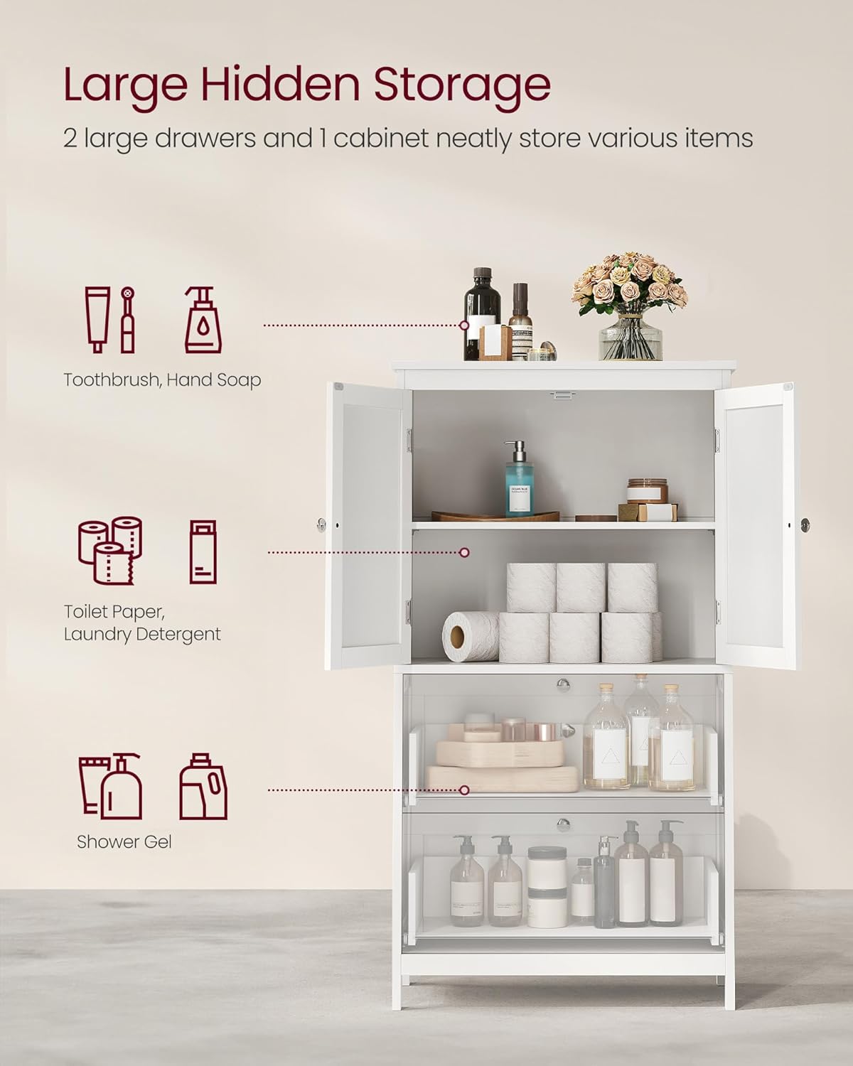 VASAGLE Bathroom Floor Storage Cabinet, Bathroom Storage Unit, Freesta