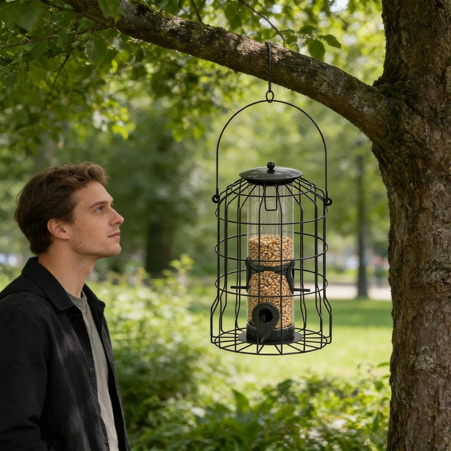 Bird Feeder, 4 Port Weatherproof Squirrel Proof Metal, Large Outdoor Hangable Feeder, for Watching Hummingbird Finch Chickadee in Garden Yard Patio Porch Balcony Park Rail
