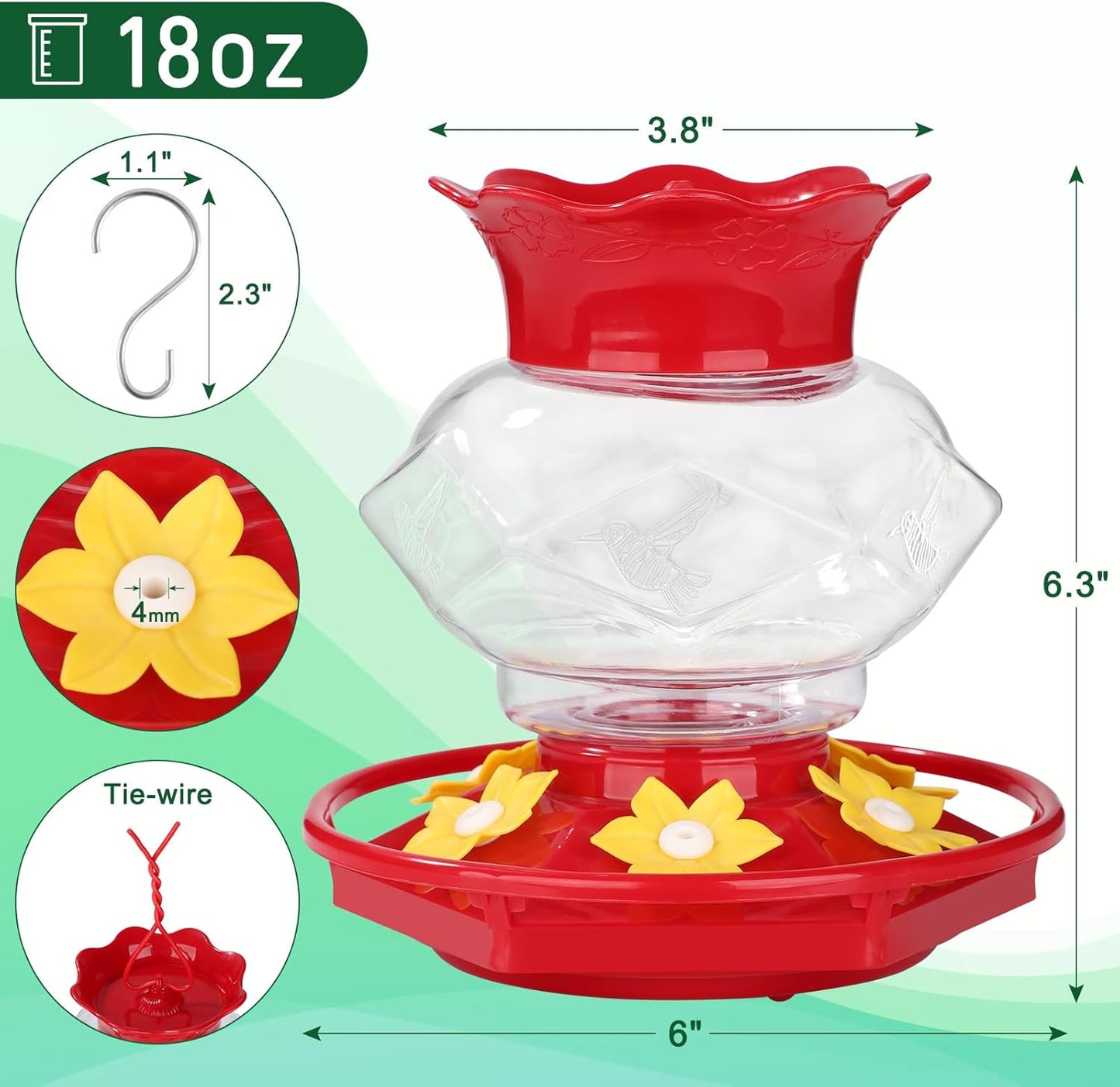 Hummingbird Feeders for Outdoors Hanging Ant and Bee Proof, 18OZ Diamond Humming Bird Feeders for Outside Circular Perch with Leak Proof & 6 Feeding Ports, Gifts for Women,1 Pack Plastic