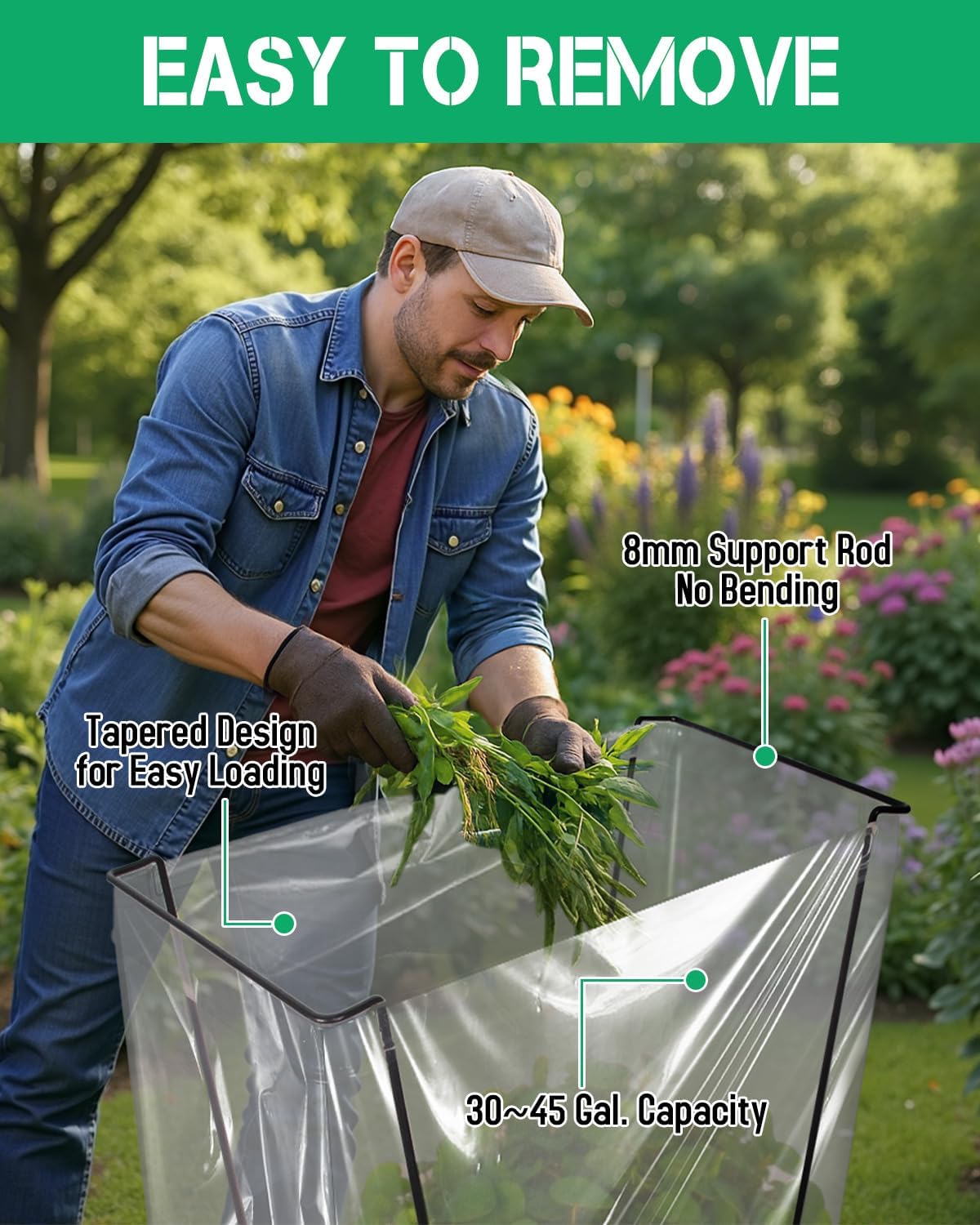Jayhalo Trash Bag Holder, Outdoor Metal Leaf Bag Holder Stand 30-45 Gal, Portable Garbage Bag Holder Frame for Garden Camping Portable Trash Can, Leaf Bag Holds Disposable Bags, Freestanding Design
