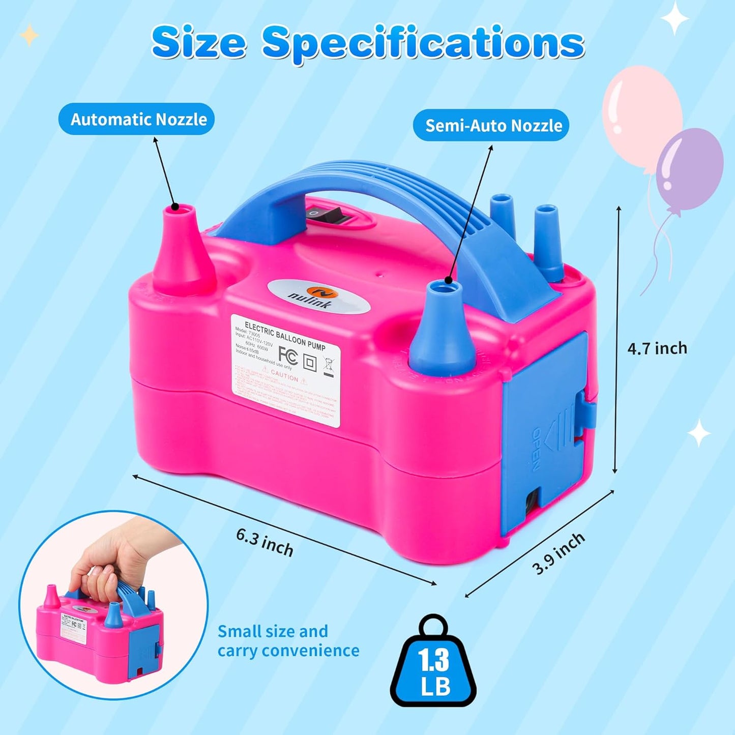 Nulink Electric Balloon Pump, Portable Electric Balloon Blower Machine Balloon Air Pump Dual Nozzle 110V 600W Balloon Inflator for Party Decorations