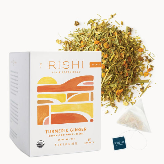 Rishi Tea Turmeric Ginger Herbal Tea | USDA Organic Direct Trade Sachet Tea Bags, Certified Kosher, Caffeine Free Ayurvedic Tea Blend, Immune Support with Citrus for Taste | 15 Count (Pack of 1)