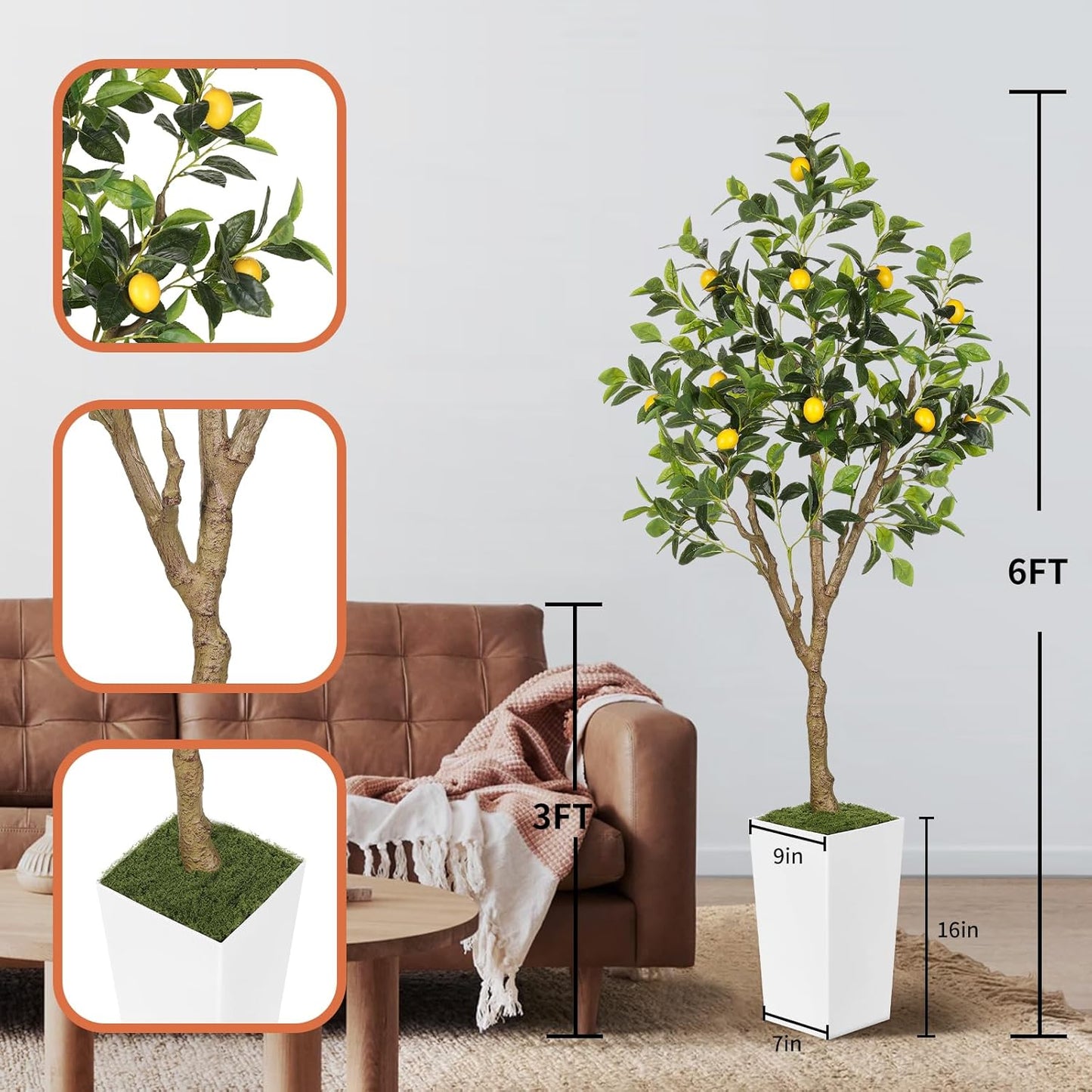 6FT Artificial Lemon Tree with Pot, Fake Lemon Tree with White Tall Planter, Faux Lemon Plant with Realistic Fruits and Silk Leaves, Artificial Plants Indoor for Home Office Kitchen Decor