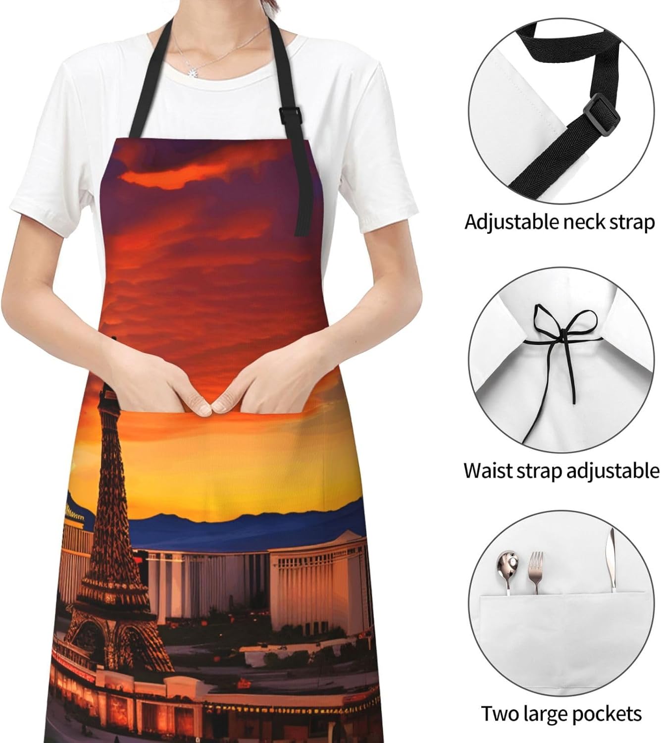 YANYU Las Vegas Sunset Print 28x33 In Kitchen Apron Stylish Chef Apron with Pockets for Cooking Baking Painting
