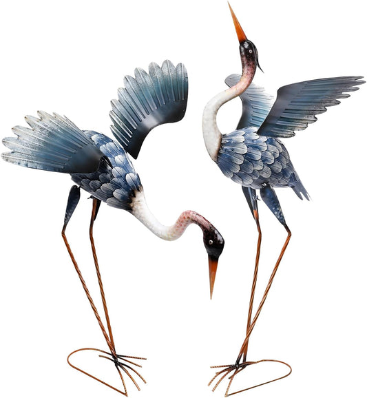 WONDER GARDEN Blue Heron Statue-Garden Statues for Outside - 2 Pack Crane Sculptures Statue, Metal Birds Yard Art for Pond, Patio, Outdoor, Porch Decor