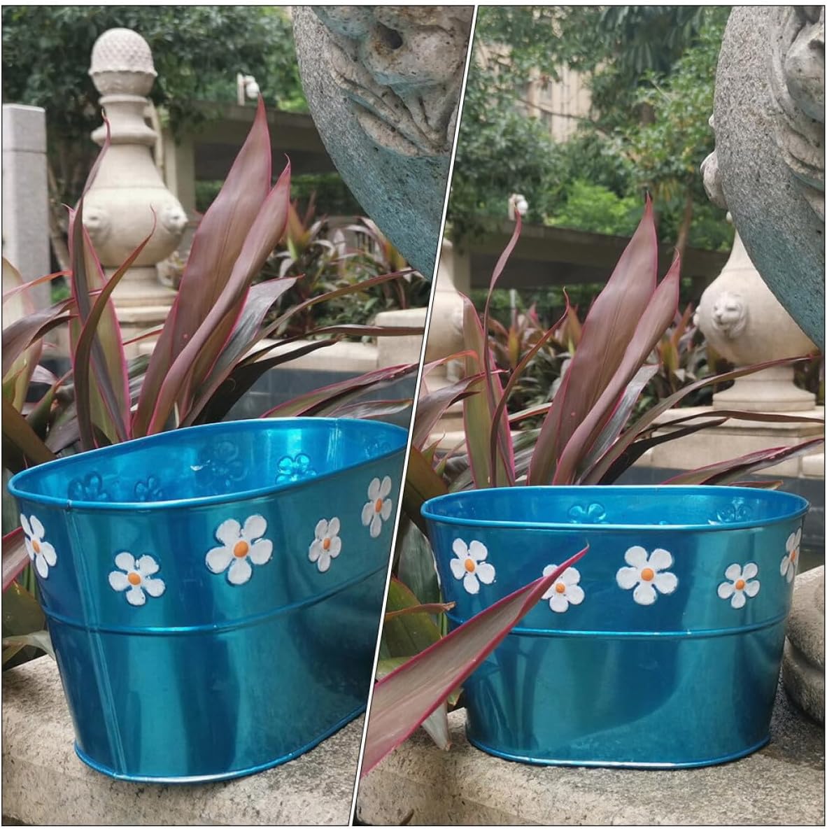 BESTOYARD Vintage Blue Floral Embossed Iron Flower Bucket with Handle 