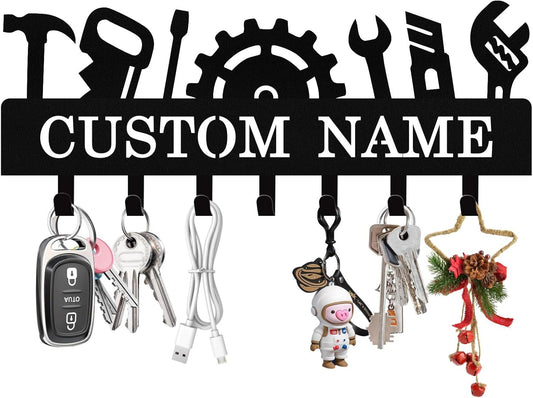 Personalized Tools Key Holder Wall Mount, Custom Metal Keys Hanger for Wall with Name, Custom Key Rack Holder with Hooks for Home, Entryway, Front Door, Living Room, Kitchen, Bathroom, Garden