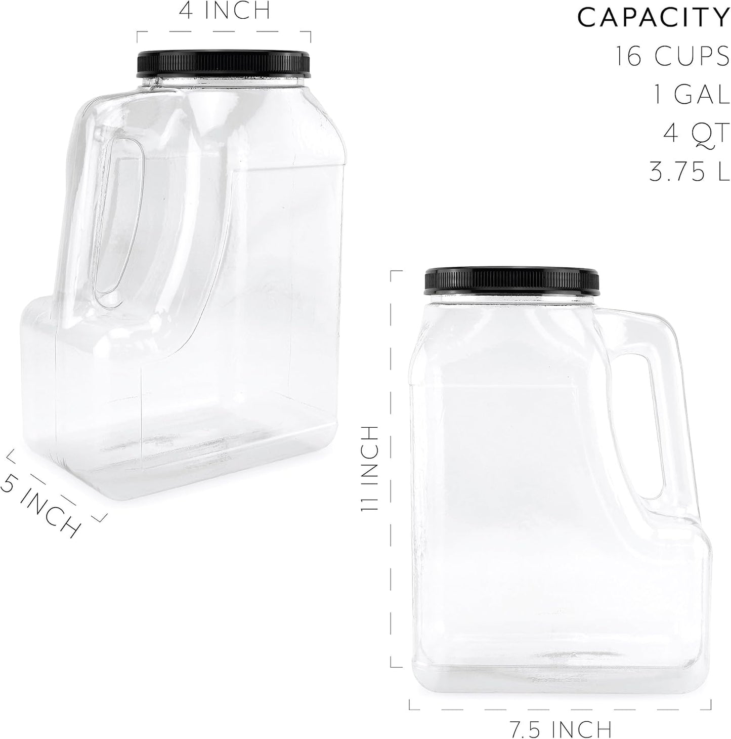 Cornucopia Brands Clear Plastic Gallon Jar w/Handle and Airtight Lid (2-Pack) for Bulk Food, Craft Supplies, Paint and Detergent Storage and More