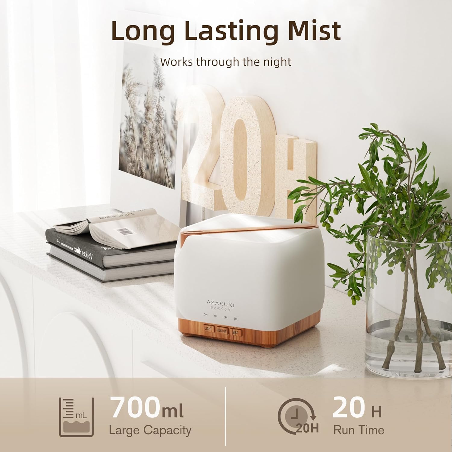 ASAKUKI Essential Oil Diffuser for Home, Large 700 ml Humidifier with 