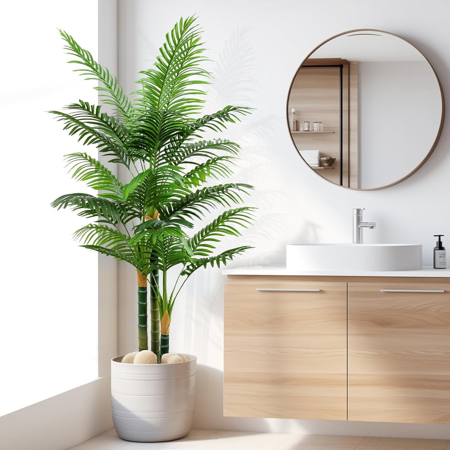5ft Tall Golden Cane Artificial Tree Palm Outdoor, Large Artificial Plants Outdoor Faux Palm Tree with 3 Textured Trunks, Fake Tree for Indoor Outdoor Office Living Room Outside Patio