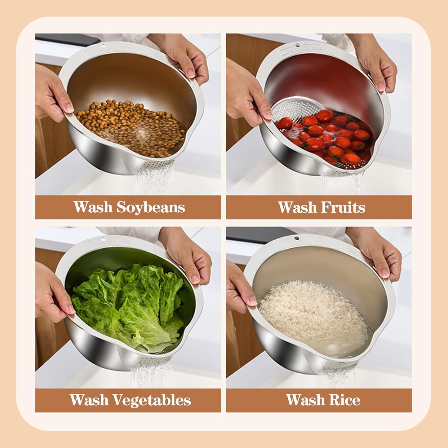Rice Washer Strainer Bowl - 4-in-1 Washing Bowl for Quinoa, Stainless 