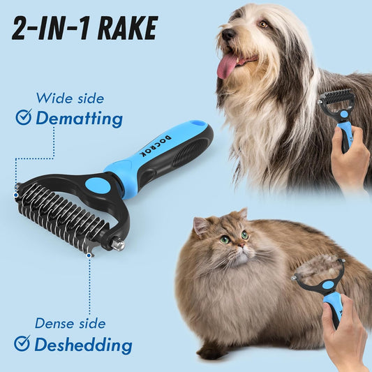 Pet Grooming Combo - Blue Deshedding Brush with Metal Comb for Detangl