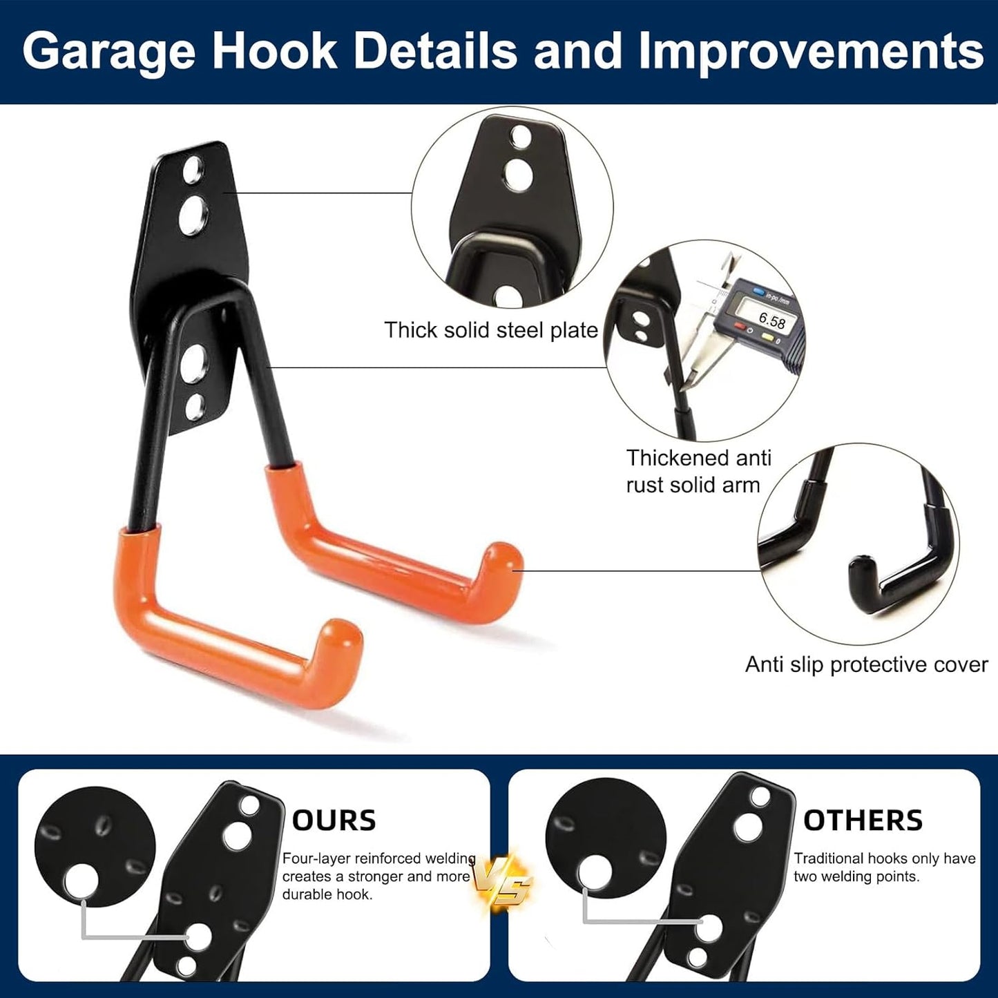 4 Pack Heavy Duty Garage Hooks with 2 Extension Cord Organizer Straps, 7.7 Inch Long Utility Hangers Wall Mount for Ladder, Bikes, Garden Tools, Hose, Ski Storage, Maximize Vertical Space
