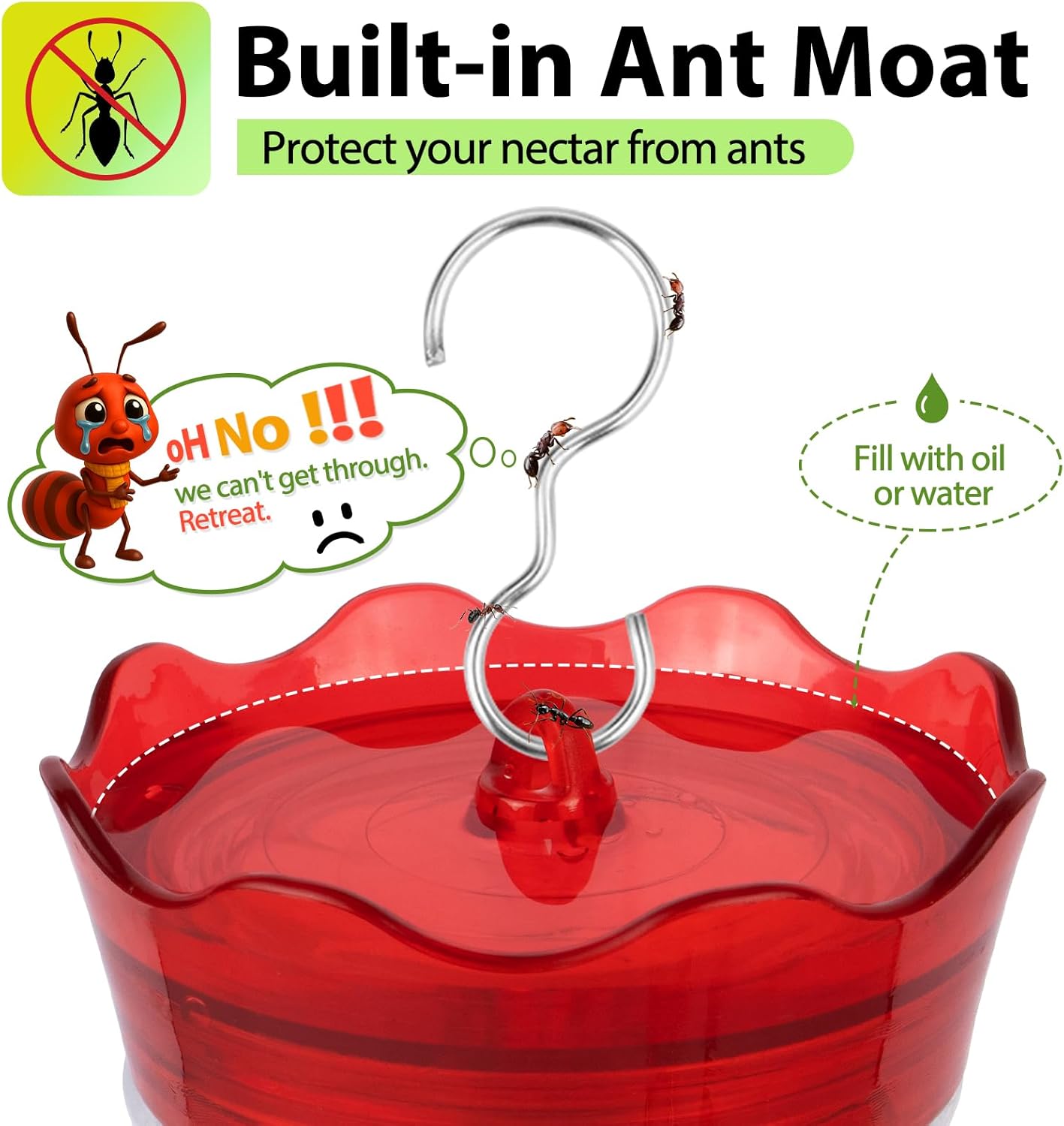 Glass Hummingbird Feeders for Outdoors, Built-in Ant Moat & Leakproof Design, XAROO Hummingbird Feeder with 4 Bee Guard Feeding Ports, 15OZ, Red, Gifts for Mom Wife Dad, Birthday Gift for Men Women