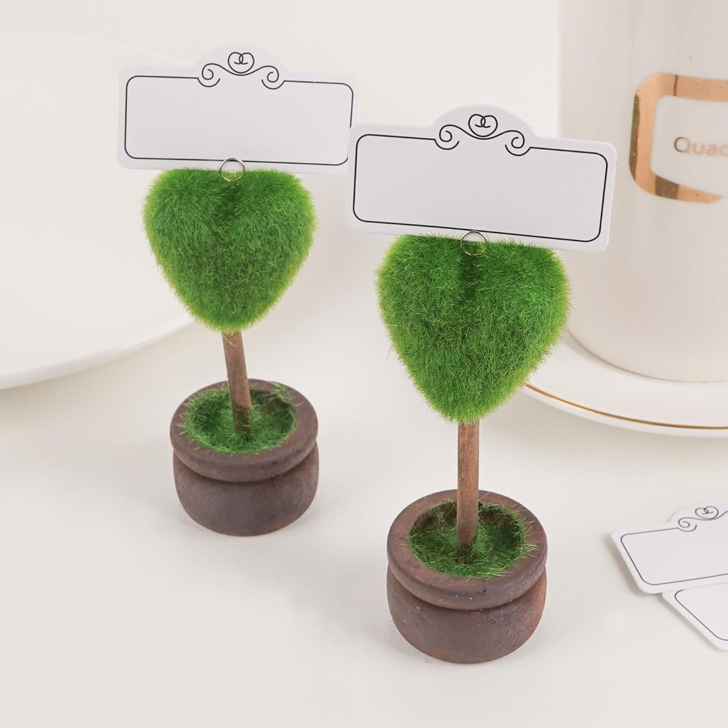 4PCS Love Green Plant Style Place Card Holders –Birthday, Artificial Topiary Cedar Ball Tree, Mini Potted Plant Style Name Card Stands for Party,Office Decor