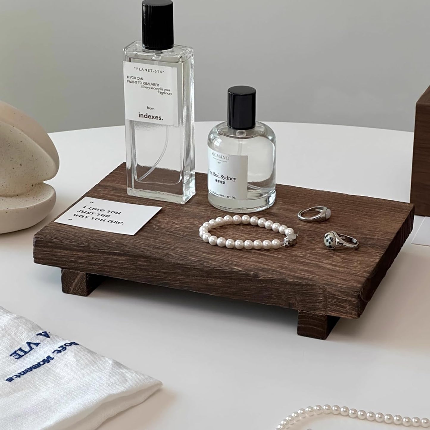 2 PCS Wood Riser for Decor, Wood Pedestal Stand Risers for Bathroom Kitchen Counter Vanity Sink, Farmhouse Wooden Tray for Soap Bottle Makeup Candles Jewelry Plant, 9 x 5.9 x 1.57 Inch