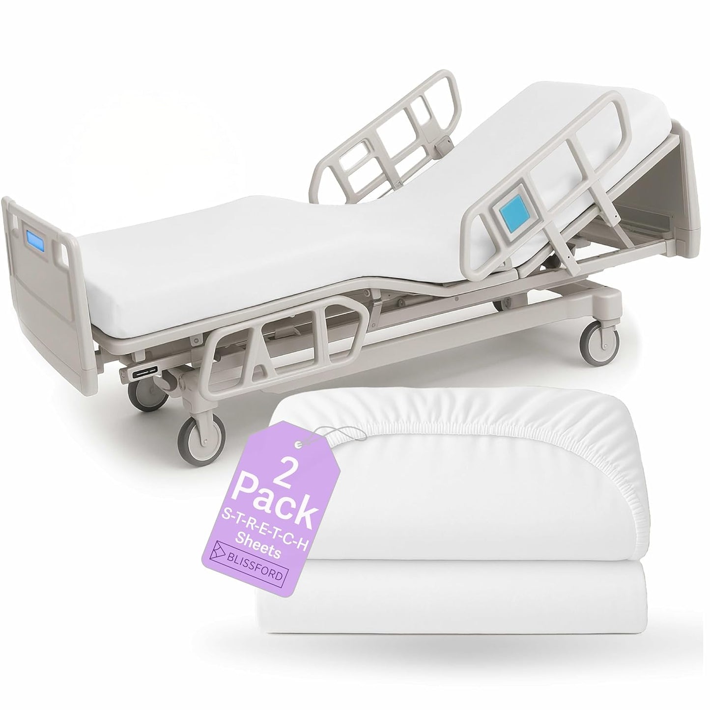 BLISSFORD - 2 Pack Fitted Hospital Bed Sheets with Elastic All Around 