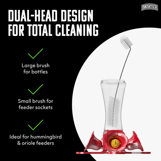 Brushtech, Backyard Bird Care Collection, Two-in-One Hummingbird Feeder Cleaning Brush - Dual-Head Design, Bottle & Socket Scrubber for Hummingbird Health - 14” Nylon Bristles, USA Made
