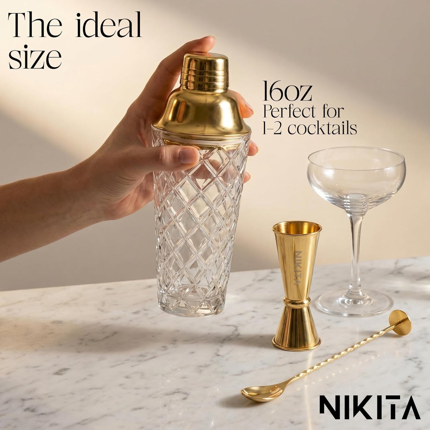 NIKITA by Niki Glass Cocktail Shaker Set, 5-Piece Martini Shaker & Bar