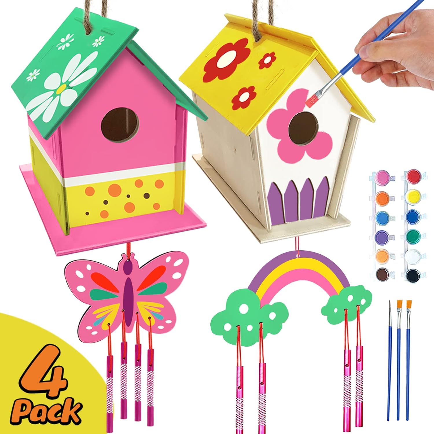 Crafts for Kids Ages 4-8 - 4 Pack DIY Bird House Wind Chime Kit - Buil