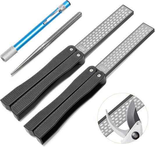 3PCS Garden Tool Sharpener, 2PCS Double-Sided Diamond Garden Tool Sharpener/ 1PCS Retractable Sharpening Rod for Gardening Pruner (Black)