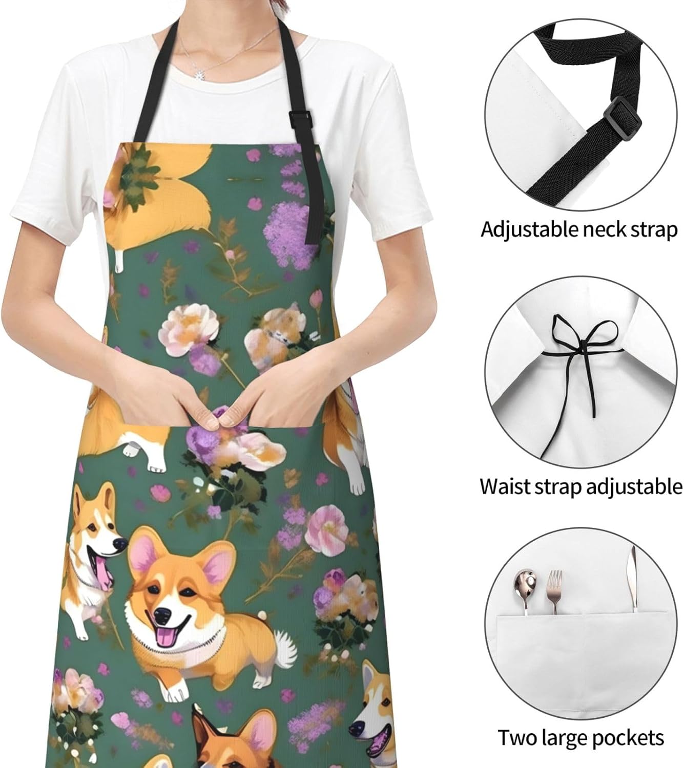 Corgi Floral Flowers Print Laundry apron 28x33 In Waterproof Kitchen Apron with Pockets for Cooking Baking