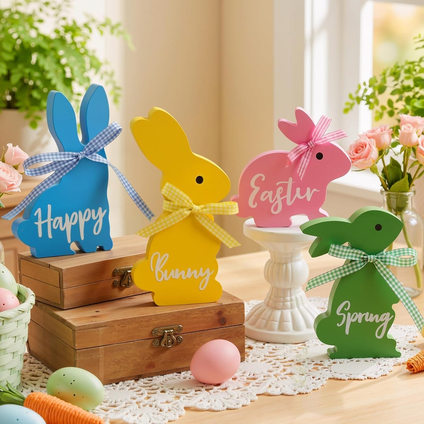 Easter Decor, 4 Pcs Bunny Spring Easter Decorations for Home Office Table, 5~6.4 Inches Wood Rabbit Easter Decorations Sign with Ribbons for Tiered Tray Mantel Shelf, Farmhouse Party Supplies