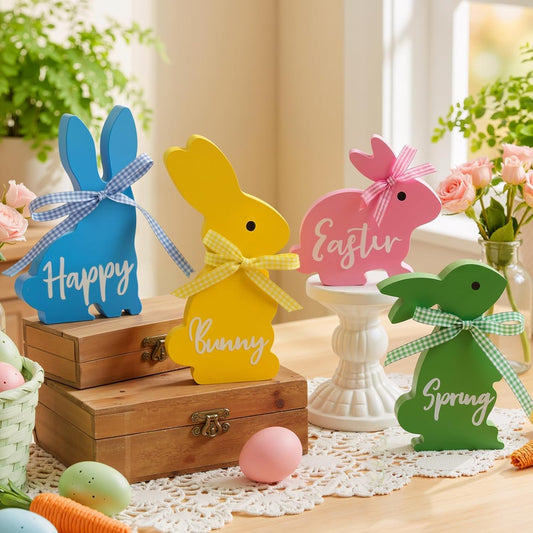 Easter Decor, 4 Pcs Bunny Spring Easter Decorations for Home Office Table, 5~6.4 Inches Wood Rabbit Easter Decorations Sign with Ribbons for Tiered Tray Mantel Shelf, Farmhouse Party Supplies