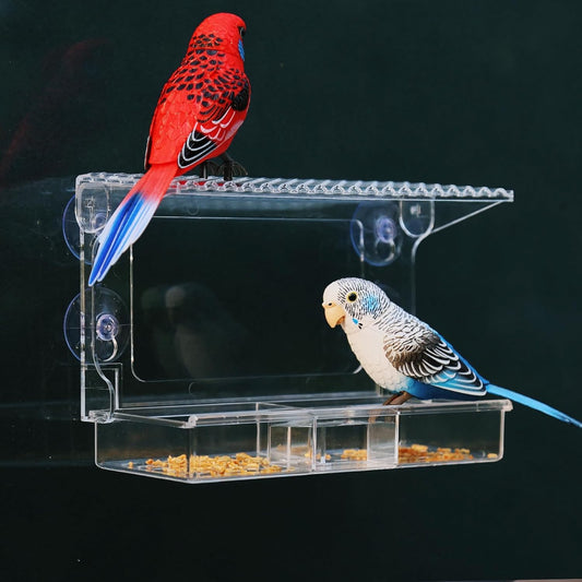 Window Bird Feeder with Strong Suction Cups – Flat-Tile Roof Acrylic Bird Feeder for Outdoors, Clear Viewing Box for Wild Birds & Cats, Easy-to-Clean, Large Capacity, Transparent Birdhouse Feeder