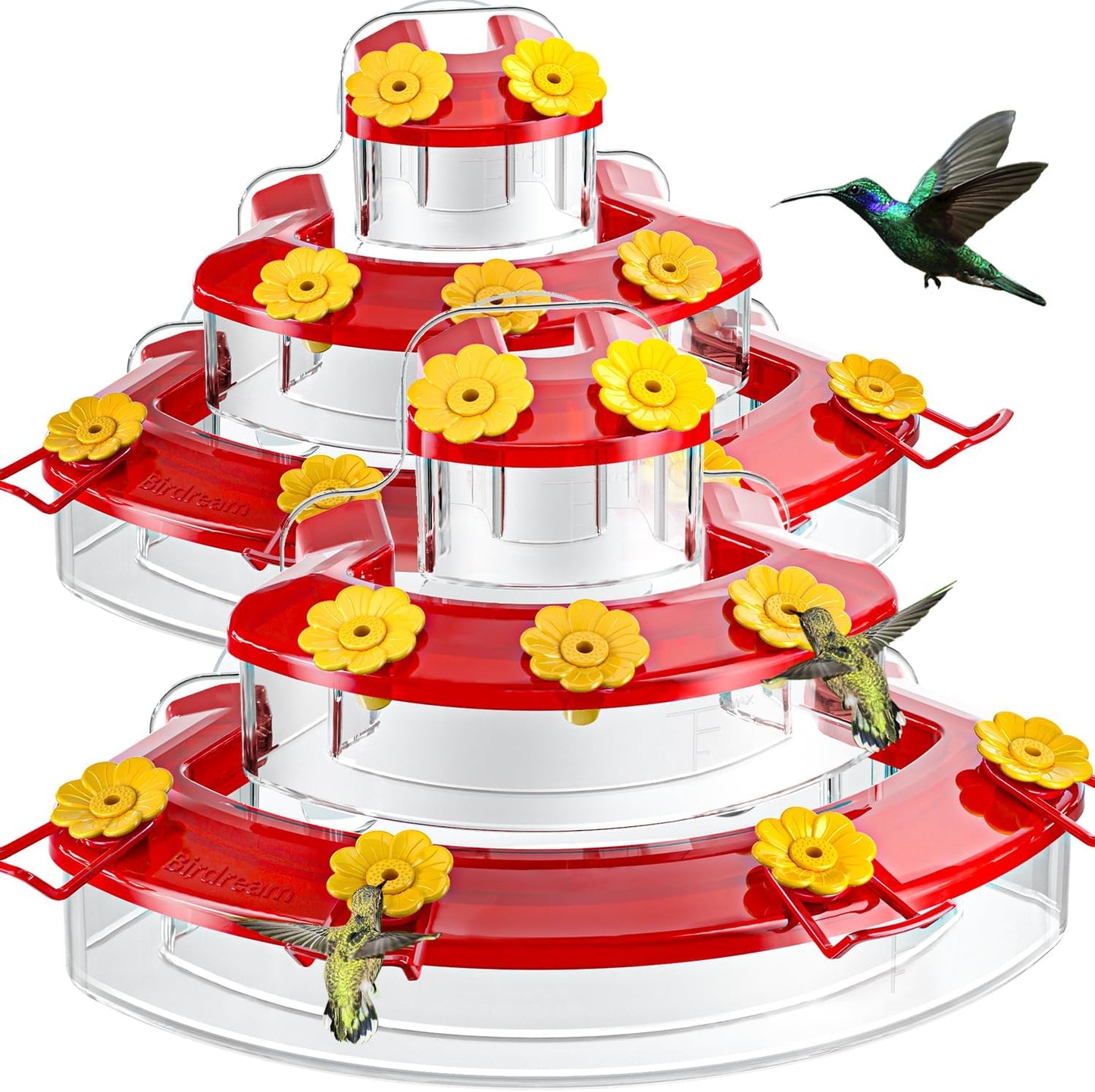 Birdream 2 Pack Window Hummingbird Feeders 18oz, 9 Feeding Ports & Brush Cake Design Hummingbird Feeder, Attracting Ruby Throated Anna Rufous - Red