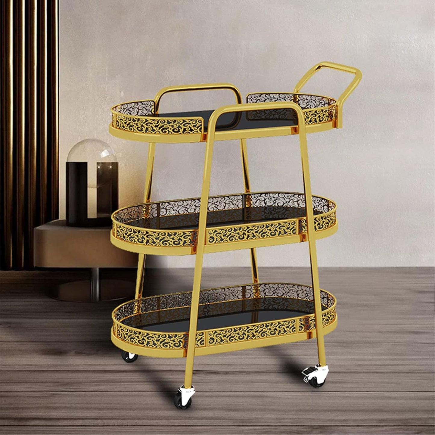 Retro Wrought Iron Kitchen Service Trolley, Household Wine Trolley and Tea Trolley, Wheeled Beauty Salon Trolley (White 3 Layers) (Golden 3 layers)