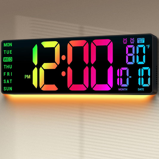 16.5인치 대형 디지털 벽시계: 11 RGB 컬러 LED 디스플레이, 리모컨, 자동 DST, 온도 및 날짜, 노인, 교실, 