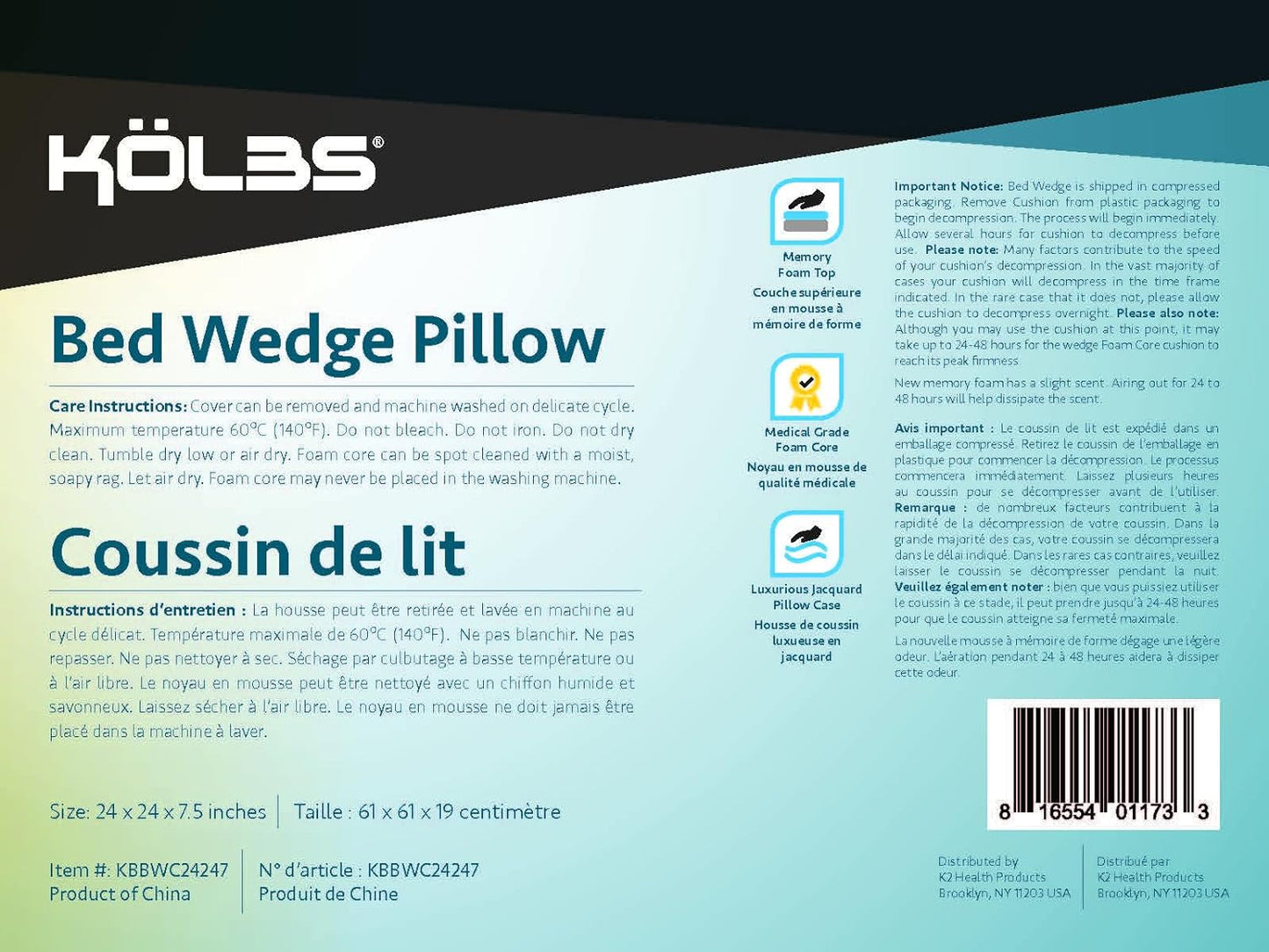 Kolbs Bed Wedge Pillow for Sleep Apnea, FSA Eligible Acid Reflux, and Back Pain Relief, with Chic Jacquard Cover - Headboard Wedges for Sleeping (Standard Width 7.5" Height)