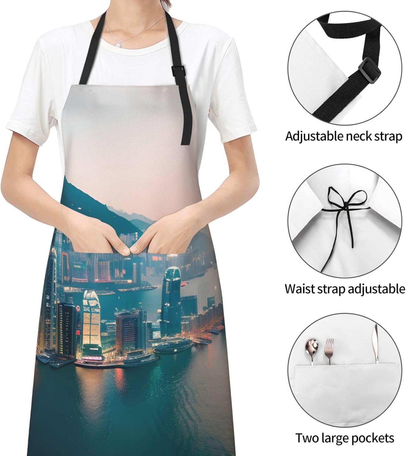 Hong Kong Print Laundry apron 28x33 In Waterproof Kitchen Apron with Pockets for Cooking Baking