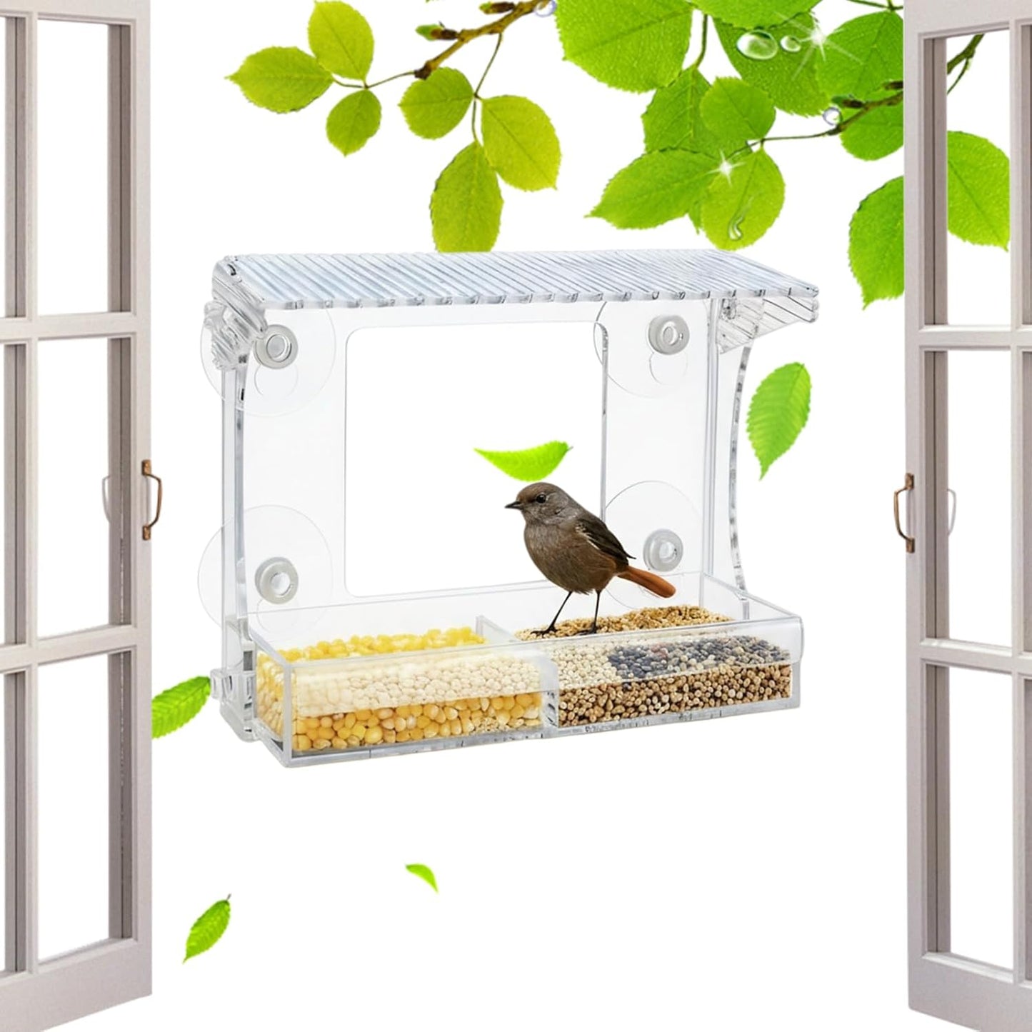Window Bird Feeder, Acrylic Strong Suction Cups, Weatherproof Outdoor Feeders with Transparent Design, with Compact Design, Heat Resistant Metal Grid, Bird Feeder for Hummingbird Wild Finch