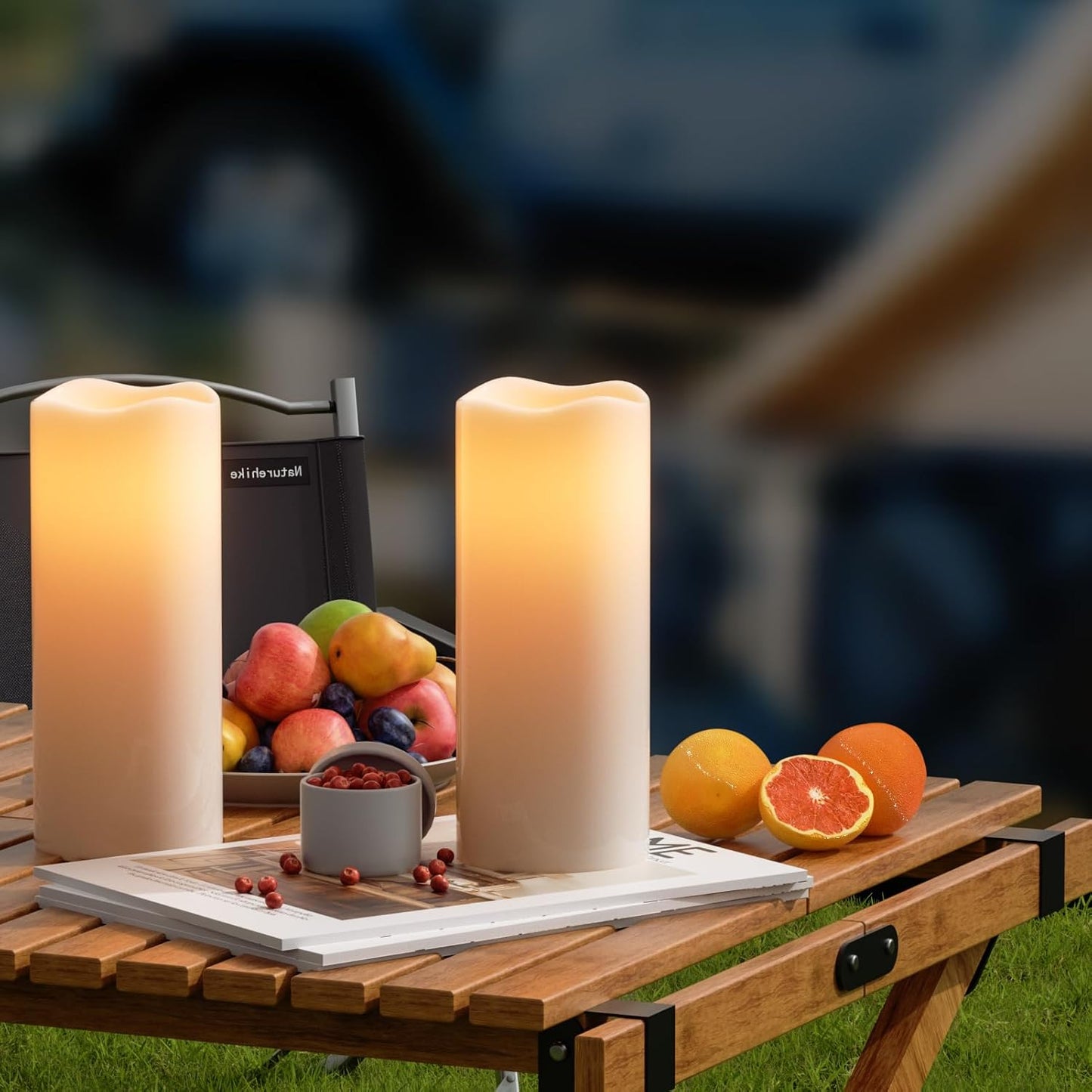 GenSwin 8” x 4” Waterproof Outdoor Flameless Candles Battery Operated with Remote Timer, Large Flickering LED Pillar Candles for Indoor Outdoor Lanterns, Won’t melt, Long-Lasting(White, Set of 2)
