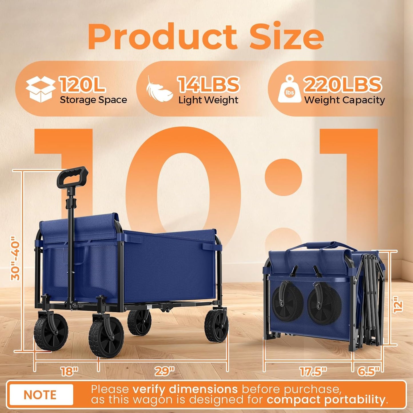 Portable Collapsible Wagon Cart, Foldable Cart with Removable Side, Utility Groceries Wagon for Dogs Pets Camping Beach Shopping Sports Gardeing Fishing, Blue
