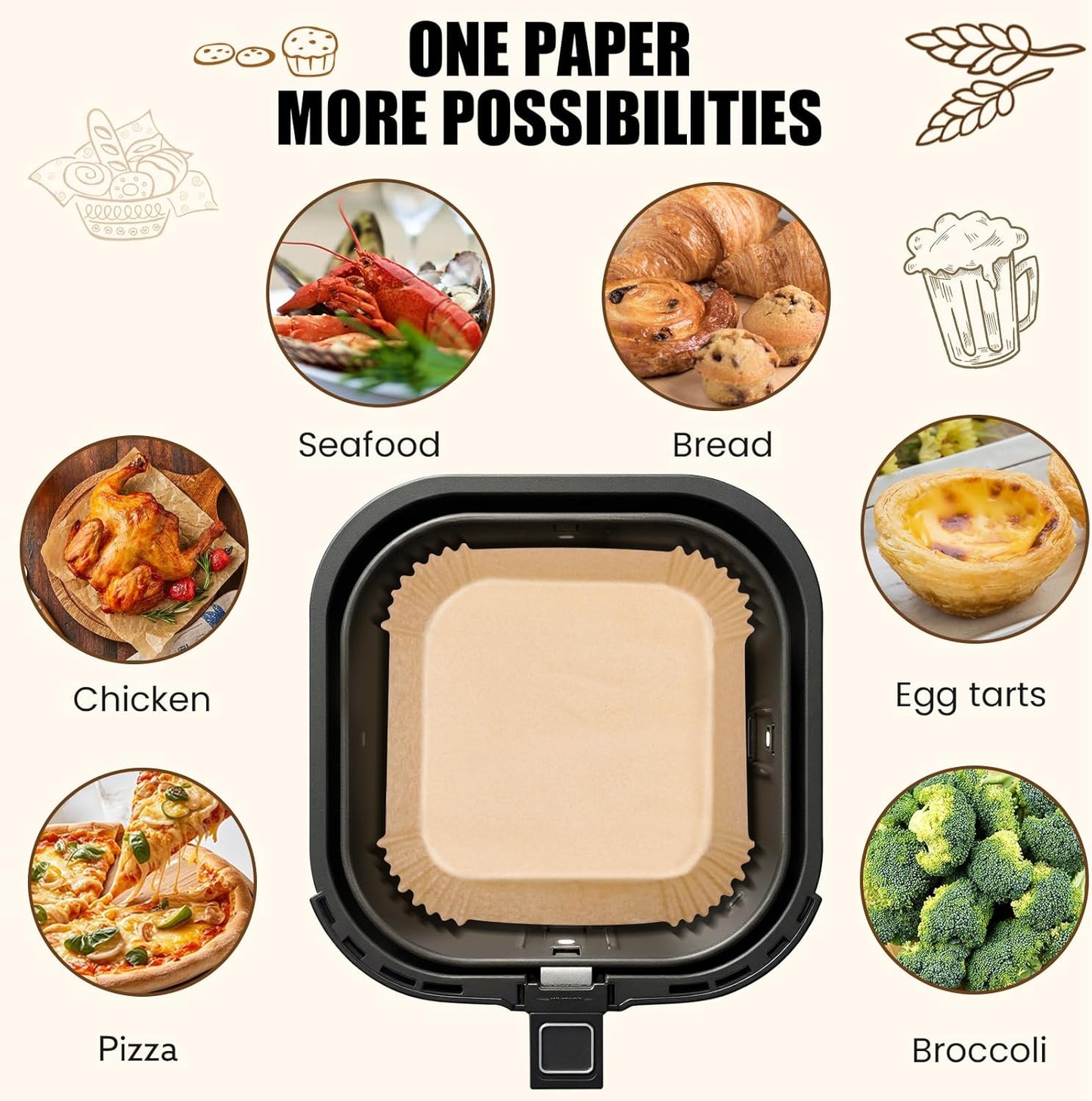 Air Fryer Liners Disposable, 200Pcs 8 Inch Airfryer Paper Liners, Unbleached Parchment Paper for Air Fryer Basket, Non-Stick Air Fryer Accessories, Liners for Baking, Parchment Paper Sheets