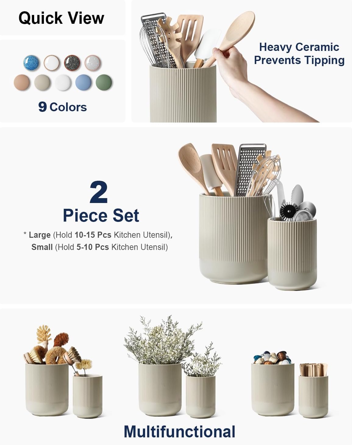 LE TAUCI Utensil Holder for Kitchen Counter, 7.3"+5.4" Fluted Ceramic Utensil Crock Organizer for Countertop, Heavy Large Holder for Spatulas, Spoons, Set of 2, Oatmeal Greige