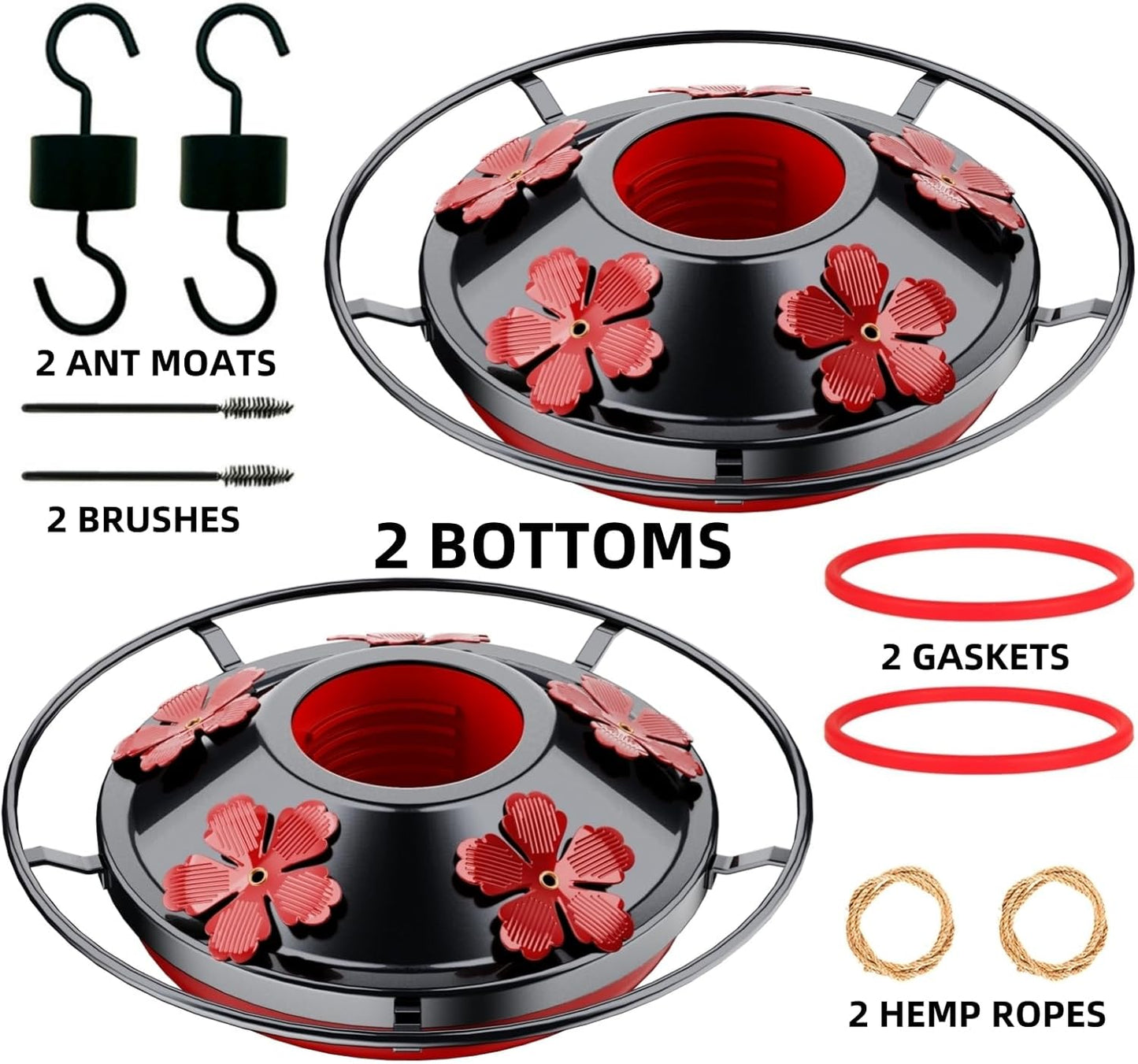2 Pack Hummingbird Feeder Base Replacement Part Accessories Set - Includes 2 Pcs Bottom Base, Moat Hooks, Seal Rings, Brushes and Hanging Ropes (2, Black)