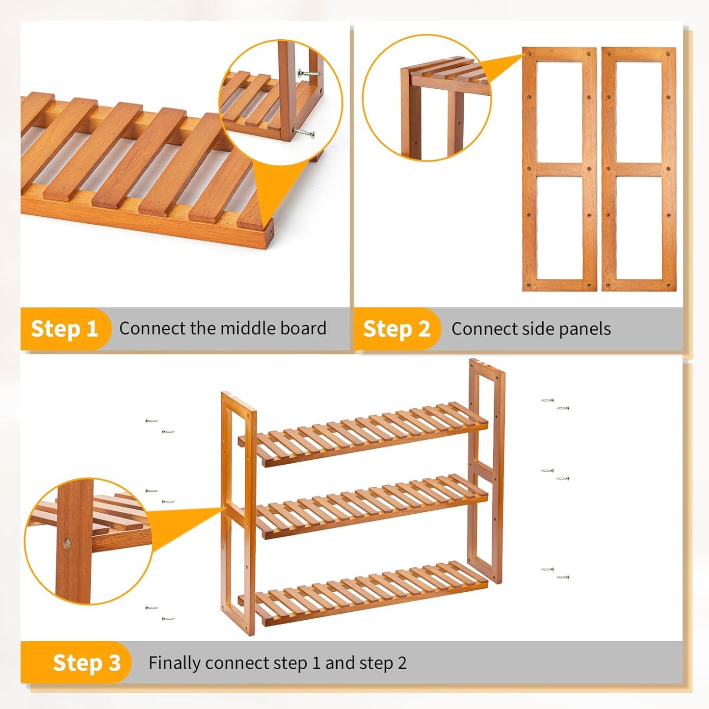 Wood Bathroom Shelf, 3-Tier Adjustable Shoes Rack&Plants Rack, Wall-Mo
