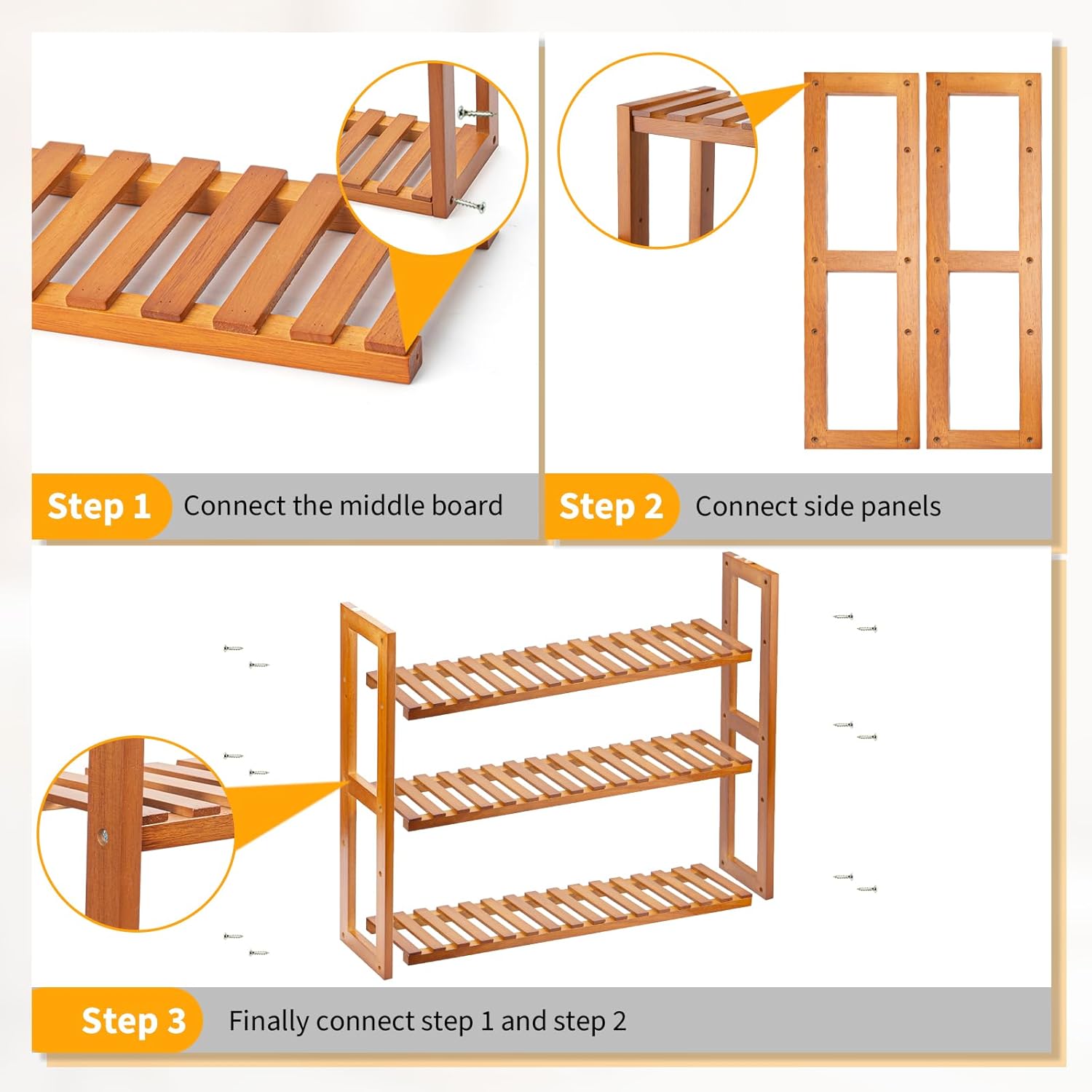 Wood Bathroom Shelf, 3-Tier Adjustable Shoes Rack&Plants Rack, Wall-Mo