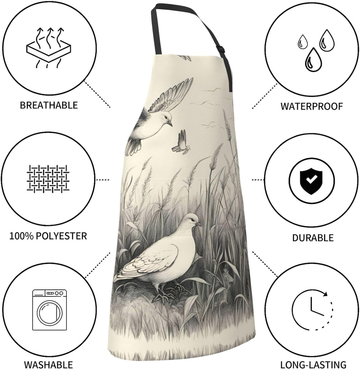 Grass and dove print Waterproof chef's apron with pocket apron for kitchen cooking baking barbecue and gardening
