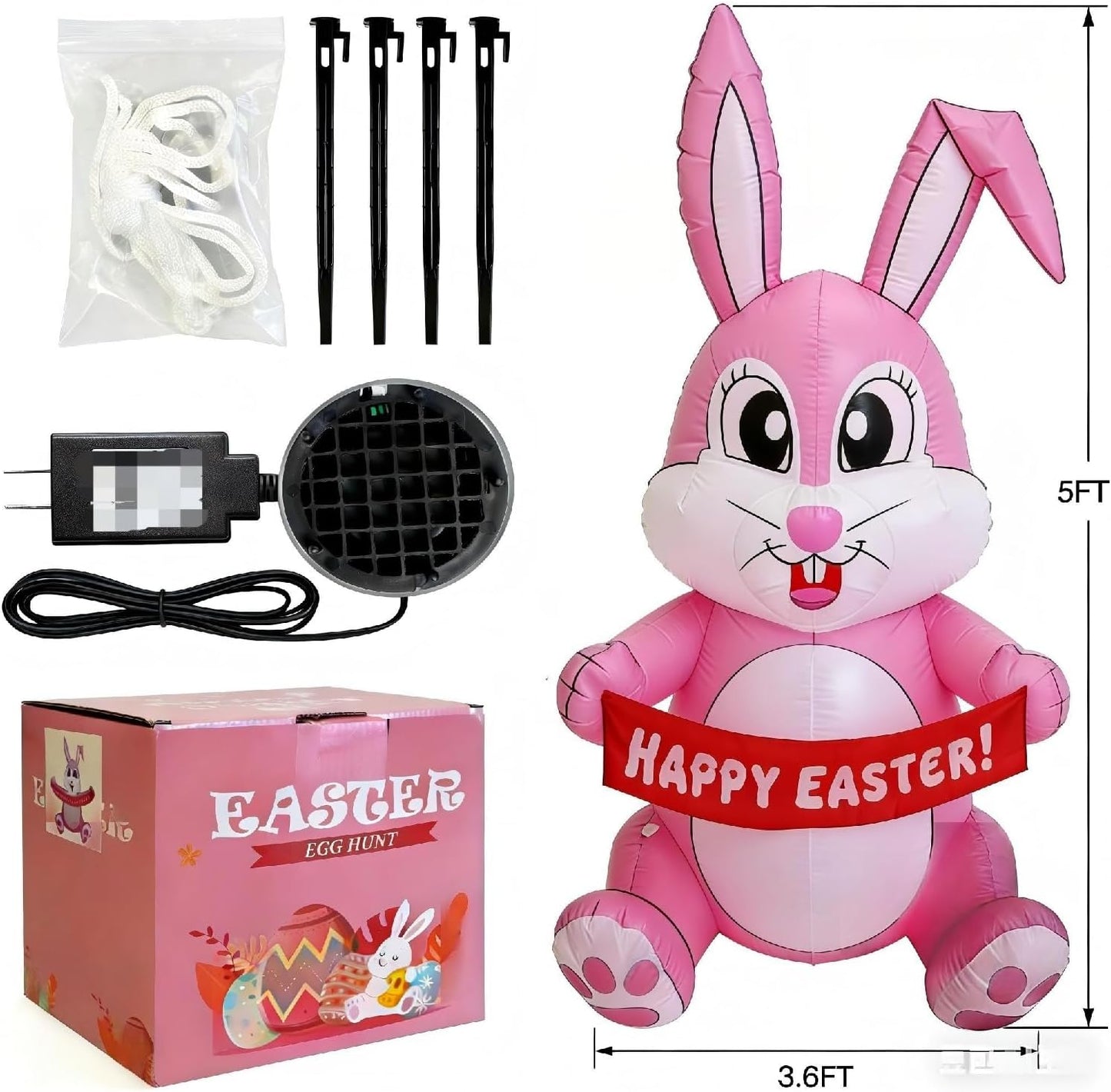 Easter Inflatables Outdoor Decorations for Home 5FT Inflatable Easter Bunny Happy Easter Built-in LED Lights Cute Blow Up Yard Decoration for Holiday Party Lawn Garden Decor
