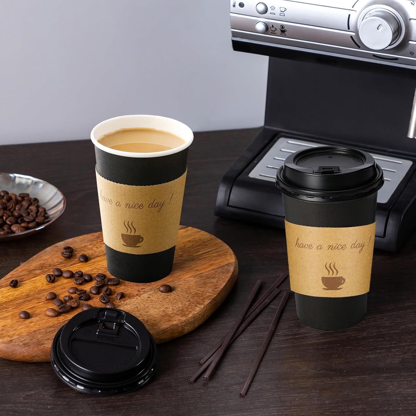 Lamosi 16 oz Coffee Cups 50 Pack, Disposable Coffee To Go Cups with Lids, Stir Sticks and Sleeves, 16 oz Black Hot Paper Cup for Home, Travel, Office